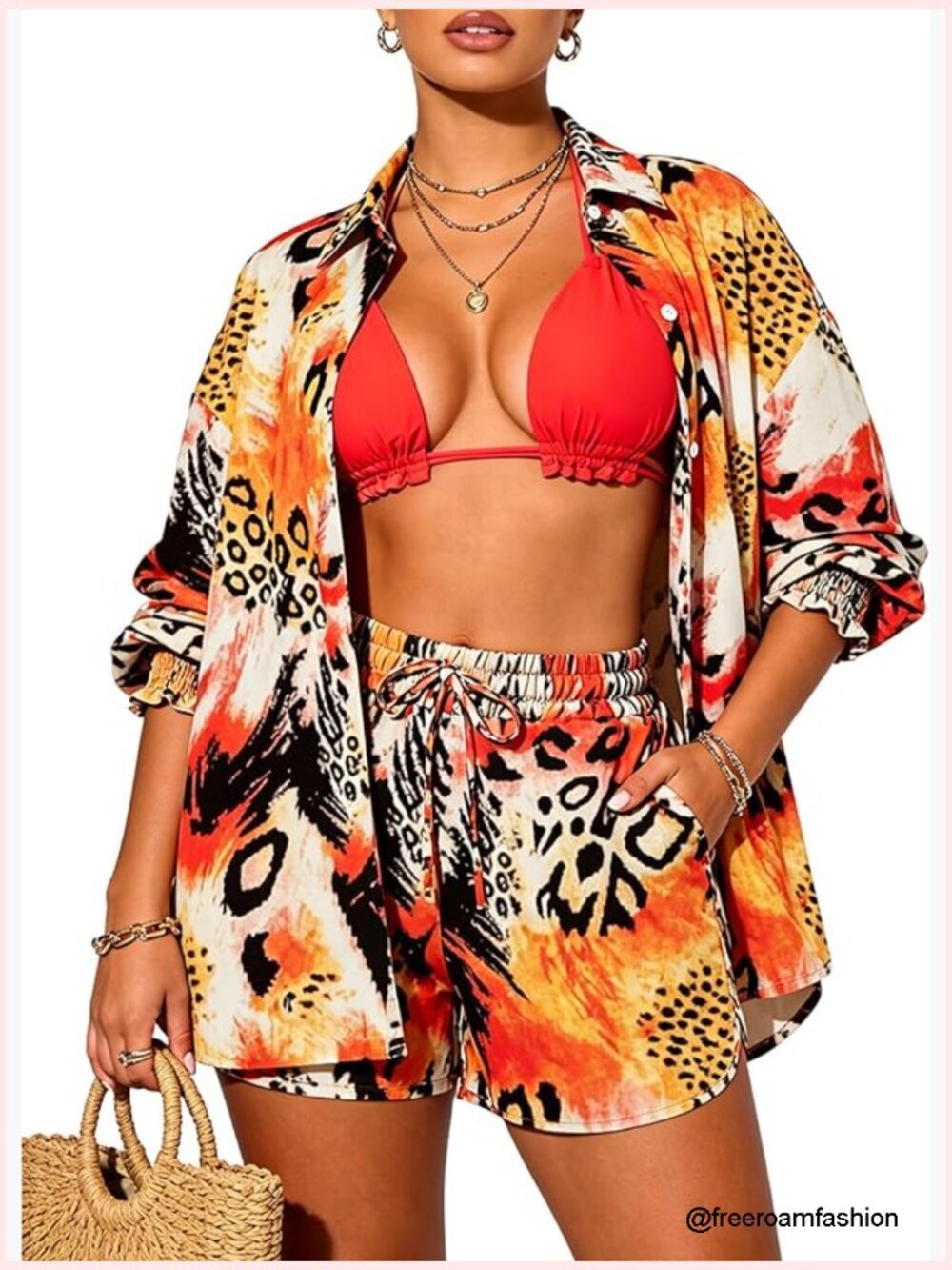 3 Piece Hawaiian Swimsuit Set Bikini & Shorts Beach Cover Up